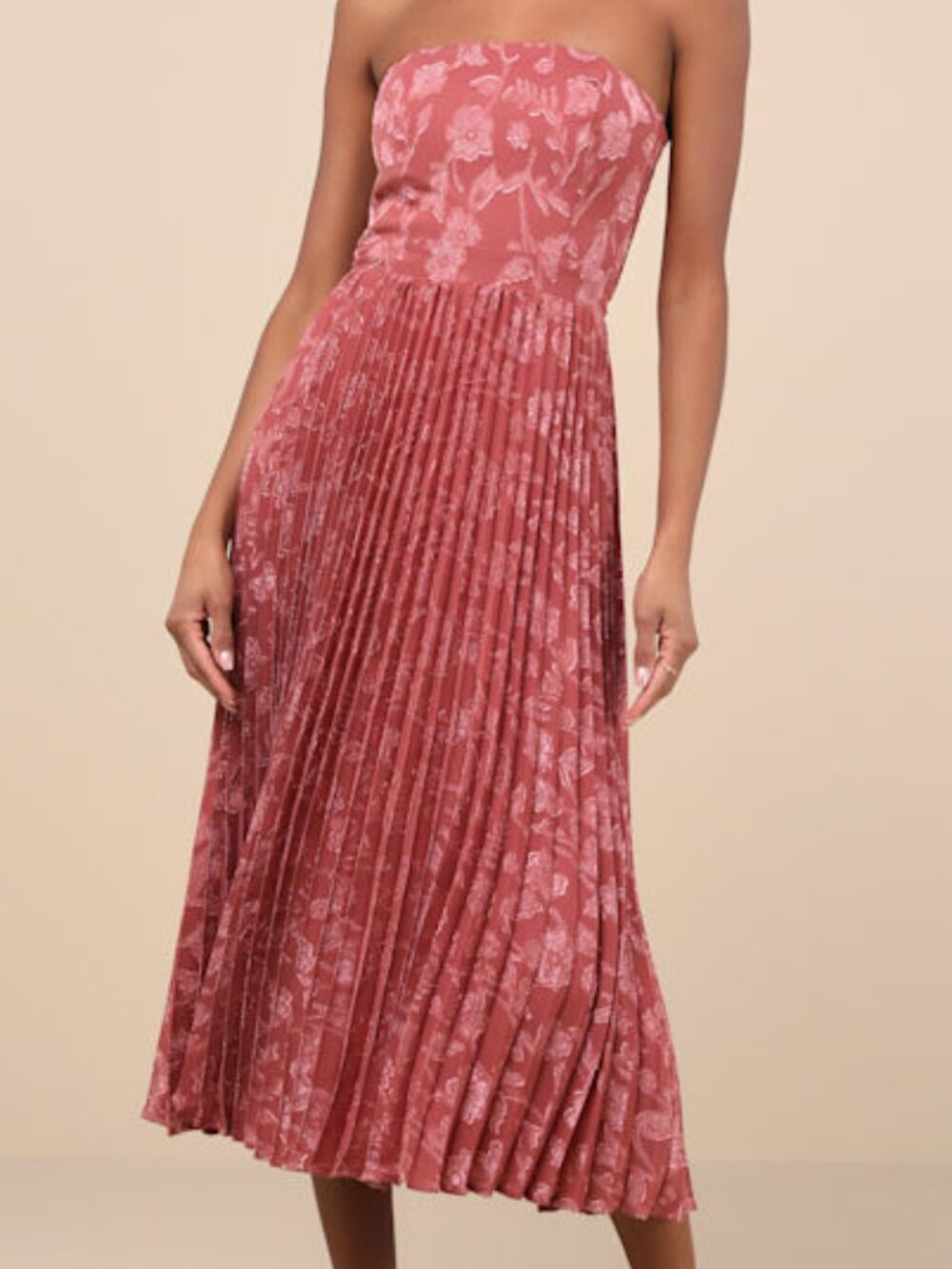 Lulus Perfectly Stunning Rusty Rose Jacquard Strapless Midi Dress Pink - Size S